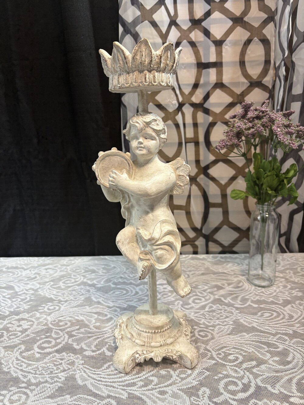 Cream Distressed Cherub Angel Pedestal Candlestick Holder